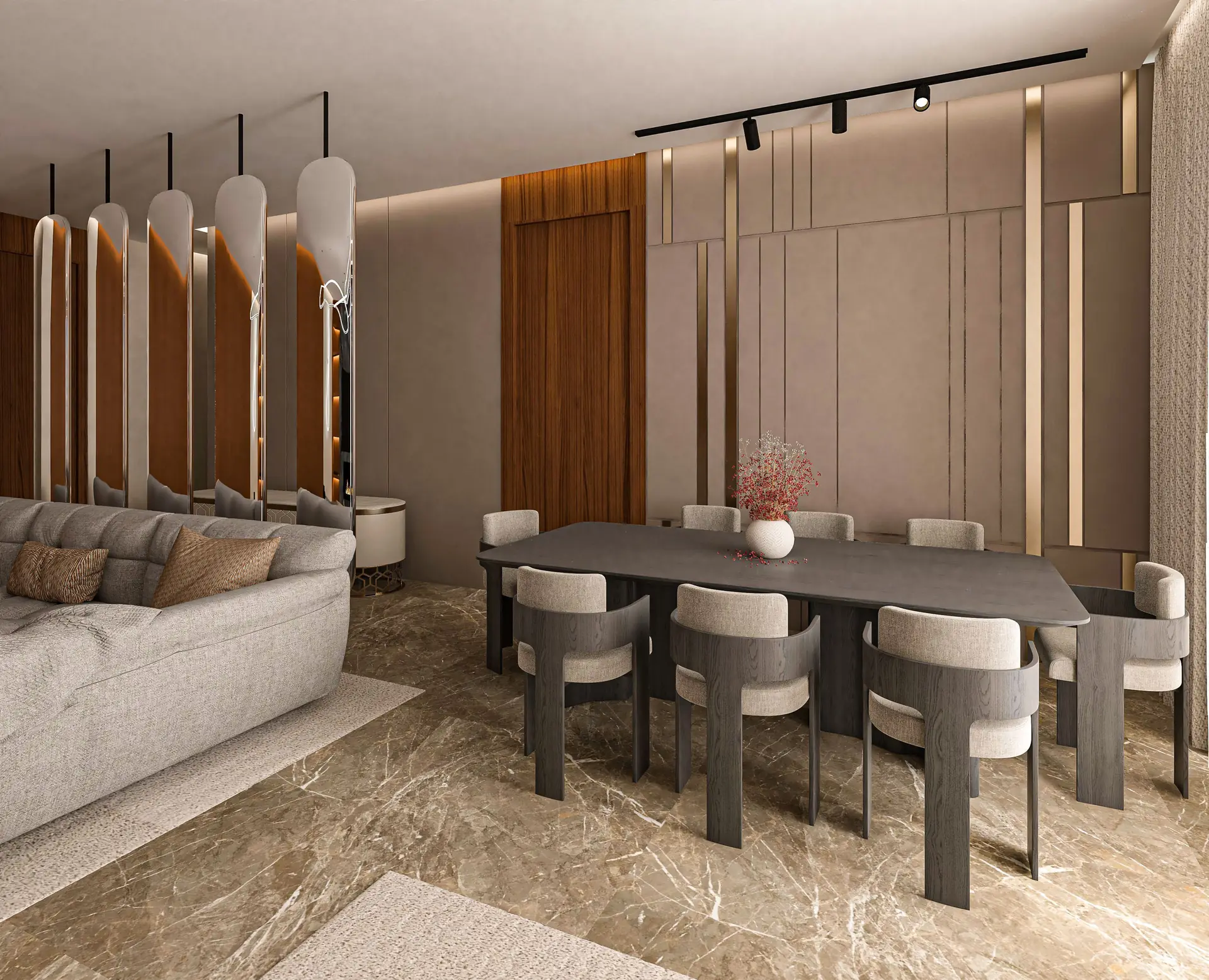 Elegant interior with marble-look flooring and a dining area